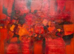 A large signed abstract mixed media painting on board in a metal frame. Signed Davies. H.93 W.