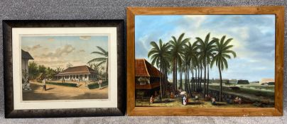 Two artworks depicting colonial scenes; one 19th century hand coloured engraving of Modjo Warno,