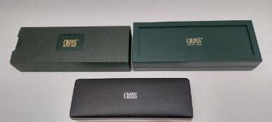 Three boxed Cross pens to include a gold plated fountain pen. L.14cm (largest)