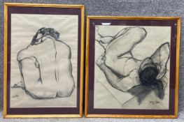 Two signed charcoal female nude studies by Jocelyne Blair, titled 'Femme au Fusin' and 'Saugave'