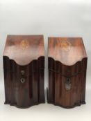 Two Georgian mahogany knife boxes, each with satinwood classical style urn inlay and baize lined,