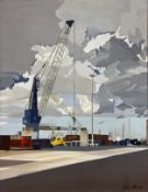 A signed and dated oil on canvas depicting an industrial dockland with cranes and shipping