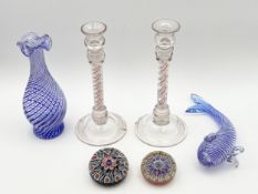 A miscellaneous collection of art glass to include two millefiori paperweights. H.28cm (largest).