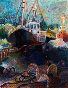 A framed and glazed oil on paper, fishing trawlers, signed K Sjostedt Hughes. H.72 W.61cm.