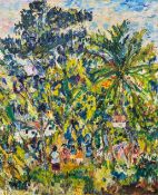 A framed oil on canvas, figures in a tropical setting, signed, dated and inscribed to the reverse,