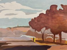 A signed and dated oil on canvas depicting a couple in a stylised landscape, by Jocelyne Blair 1972.