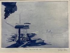 A signed and dated etching with aquatint titled 'Man, Sea and Oil' 1979. Framed and glazed with
