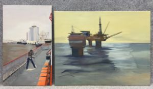 Two oil paintings on canvas; one of an oil rig at sea, signed Jocelyne Blair to the reverse, and the