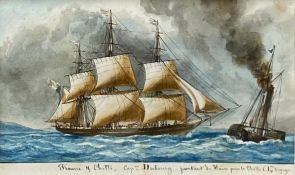 A framed and glazed 19th century watercolour of a ship in full sail with inscription to the margin