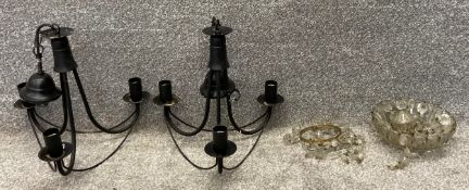 A pair of metal chandeliers and a vintage glass chandelier. H.52cm (largest).