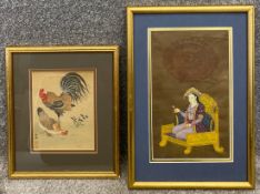 A signed Chinese watercolour on paper, chicken and cockerel, along with an Indian gouache of a noble