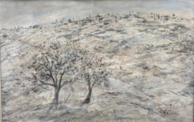 Sonia Toor, oil on canvas, two trees on a frosted hillside with Jerusalem in the distance with notes