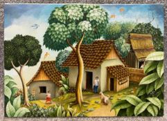 Oil on canvas, village scene with figures, signed and dated Falcon '91 Nicaragua. H.43 W.31cm.