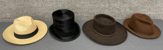 A collection of four traditional men's hats to include a Bate's trilby size 55, a Bate's straw hat