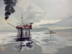 A large oil painting on canvas of an oil rig billowing black smoke, titled 'Oil in Oils' and