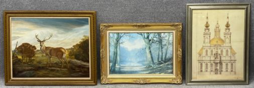 A miscellaneous collection of three framed prints. H.88 W.108cm. (Largest).