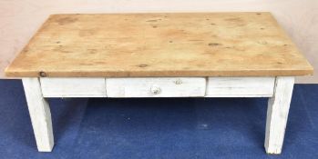 A Victorian style distressed painted pine low coffee table. H.43 W.122 D.71cm
