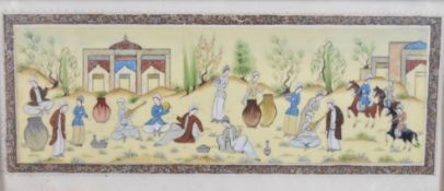 A Indo-Persian painting, court garden scene in Damascus style frame. H.27.5 W.52.5cm
