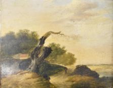 Oil on board, 19th century, figure on a path with extensive landscape in the distance, gilt