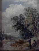 A 19th century oil on panel, anglers by a stream, indistinctly signed and inscribed to the