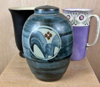 A large mid century art pottery Chinese style ginger jar, a Denby vase and a 19th century water jug.