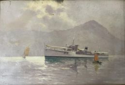 Oil on canvas, early 20th century, a motor yacht, signed J G Purvis. H.28 W.40cm
