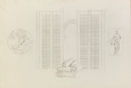 A large framed and glazed Trevor Frankland pencil study for an interior. H.74 W.104cm