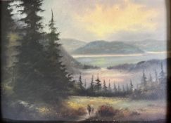 Oil on canvas, 19th century figures by a lake, signed. H.48 W.58cm