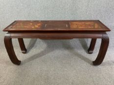 Console or altar table, Chinese hardwood with carved and incised decoration. H.70 W.142 D.41cm