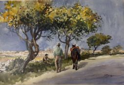 Matt Bruce (1915-2000), a large framed and glazed watercolour, figures on a continental path,