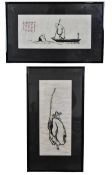 Two Japanese framed and glazed ink on paper drawings, one signed with inscription. H.67 W.36cm (