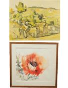 A framed and glazed watercolour signed Ann Blockley and a Cezanne print. Bottom H.77 W.80cm and