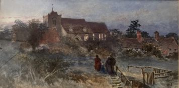 A large 19th century watercolour, figures on a path by a church, monogrammed. H.50 W.79cm