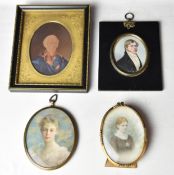Three 19th century watercolour miniatures along with a miniature oleograph portrait. All framed