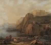 A 19th century framed and glazed watercolour, cattle and rider by a lake in a mountainous landscape.