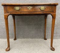 A mid Georgian walnut, crossbanded and featherbanded side table fitted with frieze drawer on