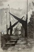 A signed charcoal drawing on paper by Jocelyne Blair of 'St Catherine's Docks', in a painted