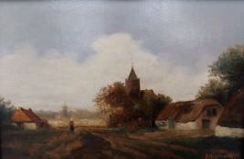 Oil on board, Dutch school village setting, indistinctly signed Bieshaar?, gilt framed. H.35 W.43cm