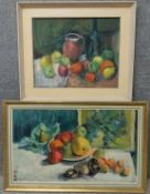 Two mid century framed still life oil on board studies, unsigned, by the same hand. H.55 W.65cm (