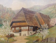 Oil on board, continental school, alpine chalet, indistinctly signed, gilt framed. H.36 W.42cm