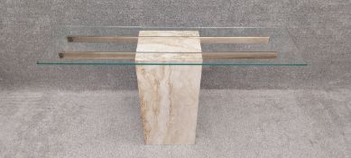 An Italian mid-century Artedi travertine stone and chrome console table with a glass top. H.76 W.135