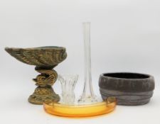 A miscellaneous collection of glass and other objects to include two glass vases and a crescent