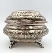 A 19th century continental silver lidded sugar casket. H.12 W.15 D.13cm. Weight 313g.