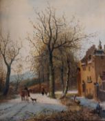 Oil on board, figures in a winter landscape, indistinctly signed, gilt framed. H.33 W.31cm