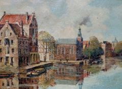 A gilt framed oil on canvas, Dutch canal scene, indistinctly signed. H.42 W.51cm