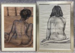 Two signed life drawings, seated nudes, by Jocelyne Blair; one charcoal and pastel on sugar paper