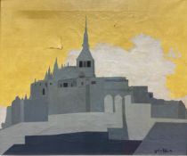 A signed and dated oil painting on canvas of a church on a hill, by Jocelyne Blair, in an