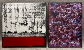 Two unsigned contemporary abstract expressionist style mixed media paintings on canvas. H.60 W.