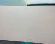 A large signed abstract oil on canvas, a large white strip across a painted ground, by Jocelyne