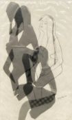A signed mixed media collage by Jocelyne Blair, abstract female figurative composition with shadows.